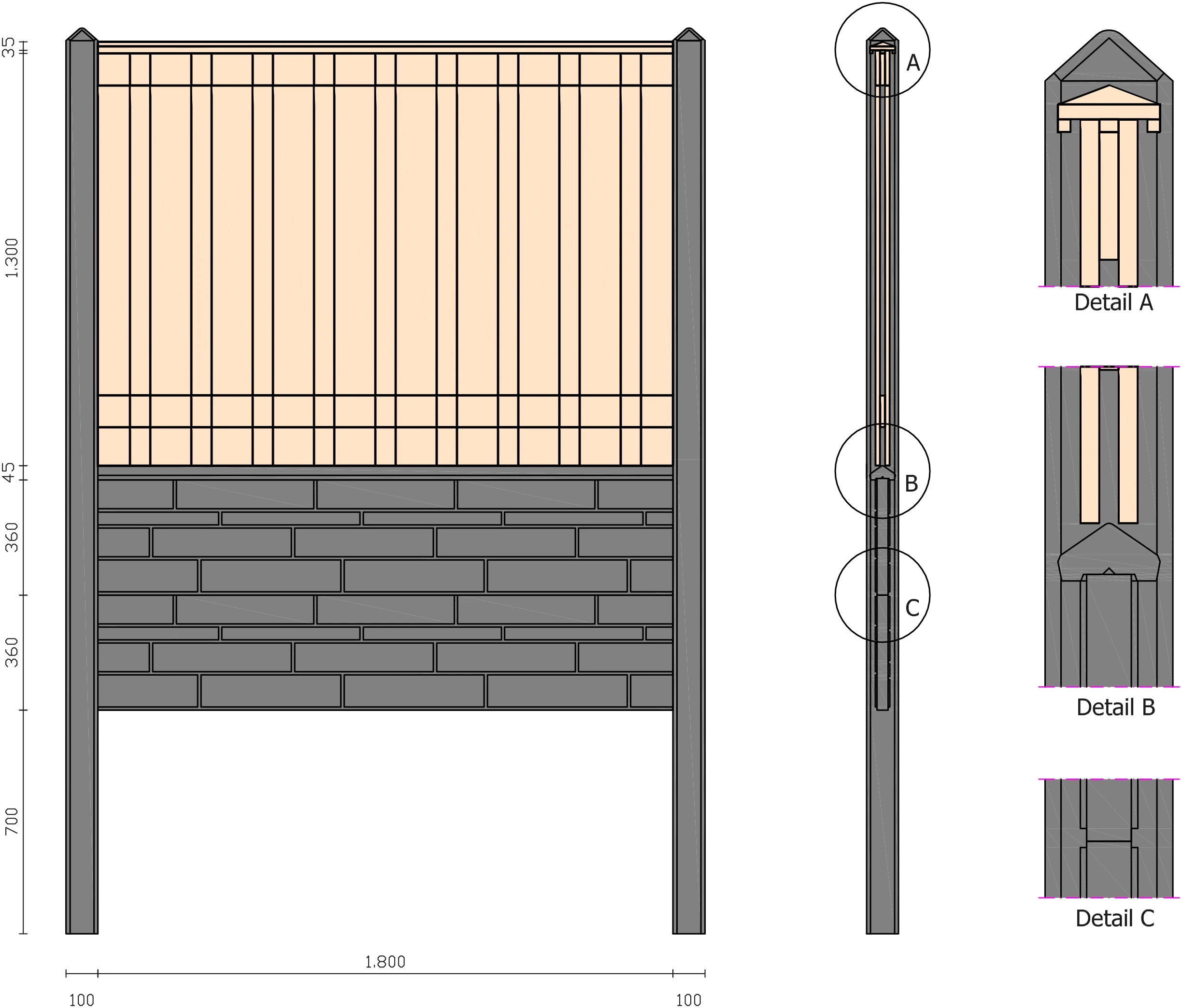 Beton T-paal 10 x 10 cm (100 x 100 mm) Glad Met Diamantkop Antraciet Gecoat - Lengte 275 cm - Afbeelding 2
